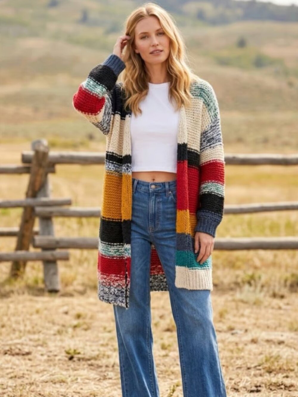 Sundance Amstel River Lambswool Alpaca Striped Open Front Cardigan Lagenlook L